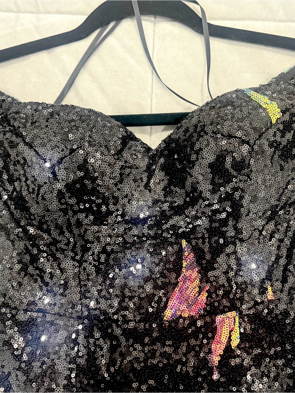 Black Off-Shoulder Sequin Evening Gown with Gold Leaf Accents - Picture 2 of 7
